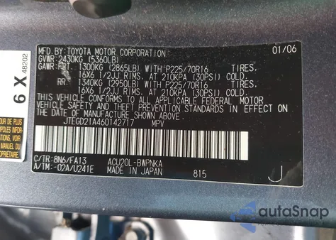 2006 Toyota Highlander from USA, damaged, VIN JTEGD21A460142717